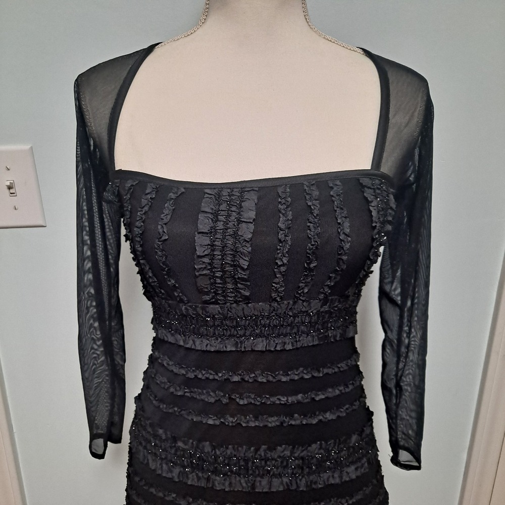 Tadashi Sz 6 Petite Black Sheer/Ruffles Gothic Form Fitting Short Evening Dress